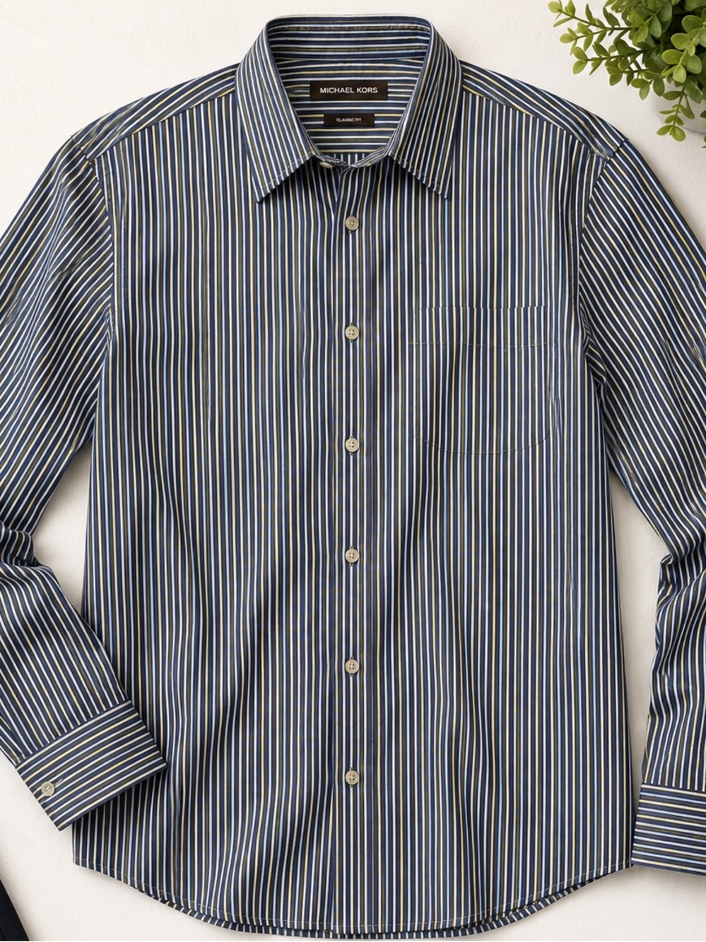 Michael Kors Men's Blue Yellow Stripe Button Down Shirt LG 100% Cotton Classic